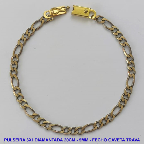 PULSEIRA MASCULINA NO BRUTO PRONTO PARA O BANHO - PULSEIRA 3X1 ELLO BATIDO DIAMANTADA (M31128) - COMPRIMENTO: 20CM - LARGURA 5MM - ESPESSURA: 1,2MM - FECHO GAVETA COM TRAVA - PESO 6,5GR - COMPOSIÇÃO: 100% LATÃO - BRU9319