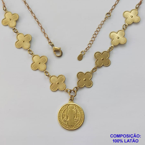 SHOCKER NO BRUTO PRONTO PARA O BANHO - SHOCKER TIPO VAN CLEEF 15MM COM CORRENTE 2X1 DE 40CM + EXTENSOR E MEDALHA SÃO BENTO - PESO: 8,9GR - BRU9324