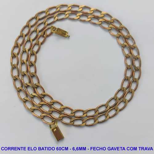 CORRENTE MASCULINA NO BRUTO PRONTO PARA O BANHO - CORRENTE ELO BATIDO (M01158) - COMPRIMENTO: 60CM - LARGURA 6,6MM - ESPESSURA: 1,5MM - FECHO GAVETA COM TRAVA - PESO 23,2GR - COMPOSIÇÃO: 100% LATÃO - BRU9326