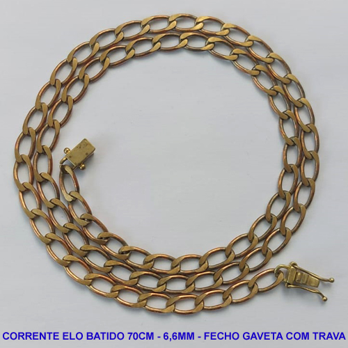 CORRENTE MASCULINA NO BRUTO PRONTO PARA O BANHO - CORRENTE ELO BATIDO (M01158) - COMPRIMENTO: 70CM - LARGURA 6,6MM - ESPESSURA: 1,5MM - FECHO GAVETA COM TRAVA DUPLA - PESO 28,3GR - COMPOSIÇÃO: 100% LATÃO - BRU9330