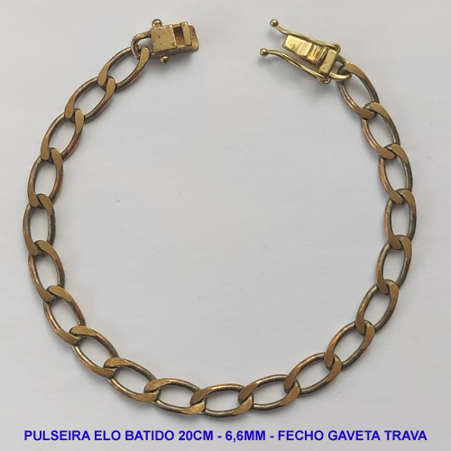 PULSEIRA MASCULINA NO BRUTO PRONTO PARA O BANHO - PULSEIRA ELO BATIDO (M01158) - COMPRIMENTO: 20CM - LARGURA 6,6MM - ESPESSURA: 1,5MM - FECHO GAVETA COM TRAVA DUPLA - PESO 9,9GR - COMPOSIÇÃO: 100% LATÃO - BRU9333