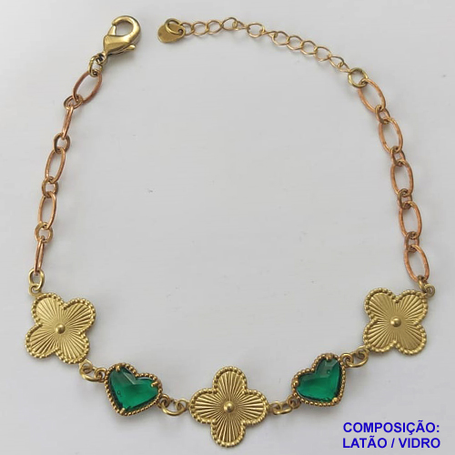 PULSEIRA NO BRUTO PRONTO PARA O BANHO - PULSEIRA TIPO VAN CLEEF COM 3 PINGENTES 15MM E 2 FORMATO CORAÇÃO EM VIDRO VERDE - TAMANHO 18CM COM FECHO LAGOSTA + EXTENSOR - PESO 4,9GR - BRU9341
