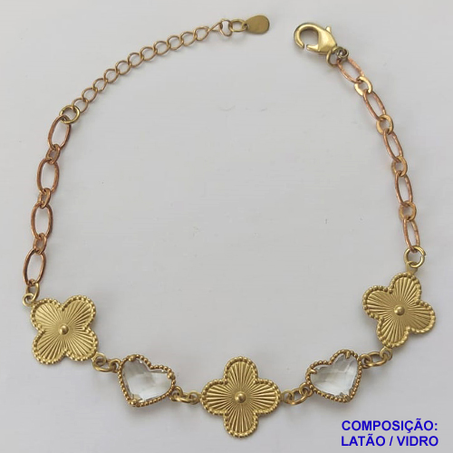 PULSEIRA NO BRUTO PRONTO PARA O BANHO - PULSEIRA TIPO VAN CLEEF COM 3 PINGENTES 15MM E 2 FORMATO CORAÇÃO EM VIDRO CRISTAL - TAMANHO 18CM COM FECHO LAGOSTA + EXTENSOR - PESO 4,9GR - BRU9342