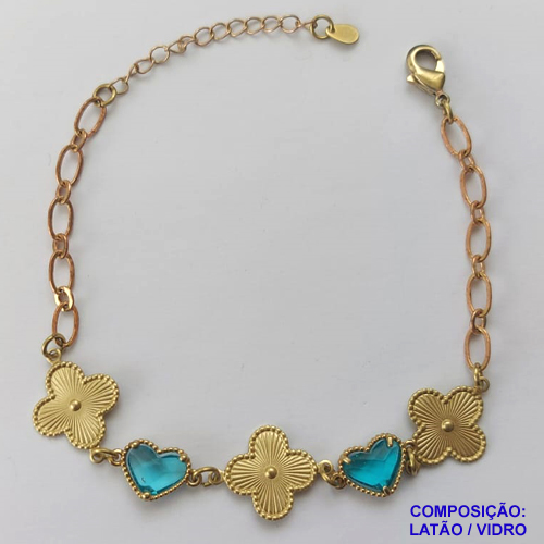 PULSEIRA NO BRUTO PRONTO PARA O BANHO - PULSEIRA TIPO VAN CLEEF COM 3 PINGENTES 15MM E 2 FORMATO CORAÇÃO EM VIDRO AZUL - TAMANHO 18CM COM FECHO LAGOSTA + EXTENSOR - PESO 4,9GR - BRU9343