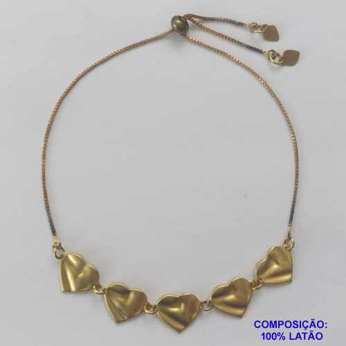 PULSEIRA GRAVATINHA  NO BRUTO PRONTO PARA O BANHO(5103) - PULSEIRA AJUSTÁVEL COM 5 PINGENTES CORAÇÃO MARTELADO (103) - TAMANHO: 10MM - PESO 2,6GR - BRU9356