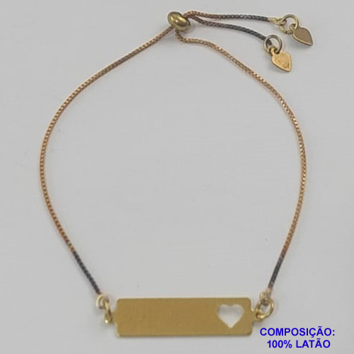 PULSEIRA GRAVATINHA  NO BRUTO PRONTO PARA O BANHO - PULSEIRA AJUSTÁVEL COM PLACA E DETALHE CORAÇÃO VAZADO (E2914) - TAMANHO: 7X25MM - PESO 1,8GR - BRU9357