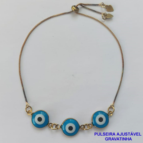 PULSEIRA GRAVATINHA NO BRUTO PRONTO PARA O BANHO - PULSEIRA AJUSTÁVEL COM 3 OLHOS GREGOS - PESO 1,8GR - BRU9360