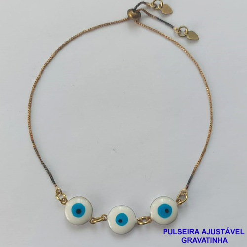 PULSEIRA GRAVATINHA NO BRUTO PRONTO PARA O BANHO - PULSEIRA AJUSTÁVEL COM 3 OLHOS GREGOS - PESO 2,5GR - BRU9361
