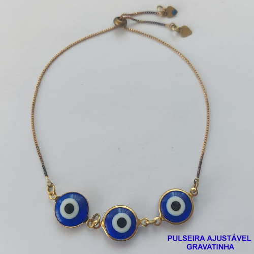 PULSEIRA GRAVATINHA NO BRUTO PRONTO PARA O BANHO - PULSEIRA AJUSTÁVEL COM 3 OLHOS GREGOS - PESO 2,9GR - BRU9362