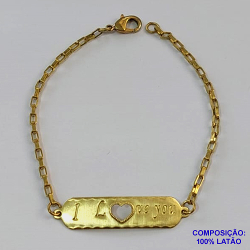 PULSEIRA NO BRUTO PRONTO PARA O BANHO - PULSEIRA CADEADO COM CHAPINHA PALAVRA I LOVE YOU COM CORAÇÃO VAZADO (3.1778) - TAMANHO 18CM PESO TOTAL 3,1GR - BRU9370