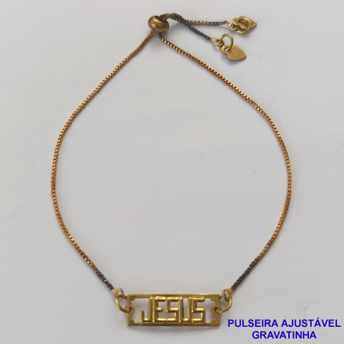PULSEIRA GRAVATINHA NO BRUTO PRONTO PARA O BANHO - PULSEIRA AJUSTÁVEL COM PLACA JESUS VAZADO (E161) - PESO 1,5GR - BRU9371