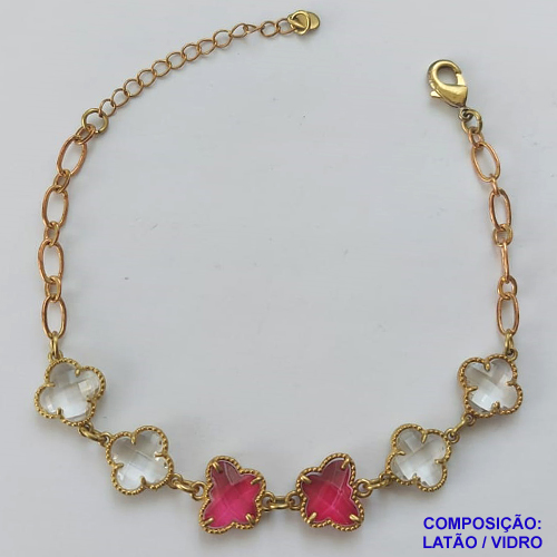 PULSEIRA NO BRUTO PRONTO PARA O BANHO - PULSEIRA TIPO VAN CLEEF COM 6 PINGENTES 11MM EM VIDRO CRISTAL E VERMELHO - TAMANHO 18CM COM FECHO LAGOSTA + EXTENSOR - PESO 6GR - BRU9375