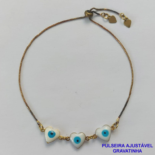 PULSEIRA GRAVATINHA NO BRUTO PRONTO PARA O BANHO - PULSEIRA AJUSTÁVEL COM 3 OLHOS GREGOS FORMATO CORAÇÃO 9MM - PESO 2,2GR - BRU9378