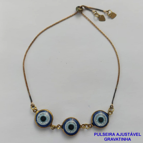 PULSEIRA GRAVATINHA NO BRUTO PRONTO PARA O BANHO - PULSEIRA AJUSTÁVEL COM 3 OLHOS GREGOS GRANDES 12MM - PESO 2,7GR - BRU9379