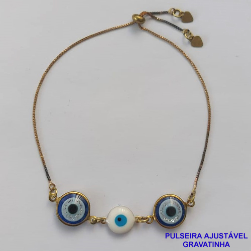 PULSEIRA GRAVATINHA NO BRUTO PRONTO PARA O BANHO - PULSEIRA AJUSTÁVEL COM 3 OLHOS GREGOS  - PESO 2,7GR - BRU9380
