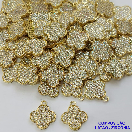 ACESSORIO NO BRUTO PRONTO PARA O BANHO(CX91) - PINGENTE TIPO "VAN CLEEF" CRAVEJADO COM MICRO ZIRCÔNIAS - COM UMA ARGOLINHA - TAMANHO 13MM - PESO 0,9GR - COMPOSIÇÃO: LATÃO / ZIRCÔNIA - (VENDIDA POR UNIDADE) BRU0001487