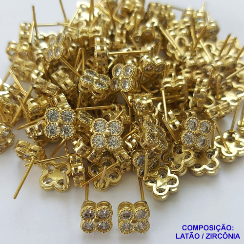 ACESSORIO BRINCO NO BRUTO PRONTO PARA O BANHO (CX38) - BRINCO DE PINO TIPO VAN CLEEF CRAVEJADO COM MICRO ZIRCÔNIA - TAMANHO 9MM - PESO TOTAL 1,4GR - BRU0001488