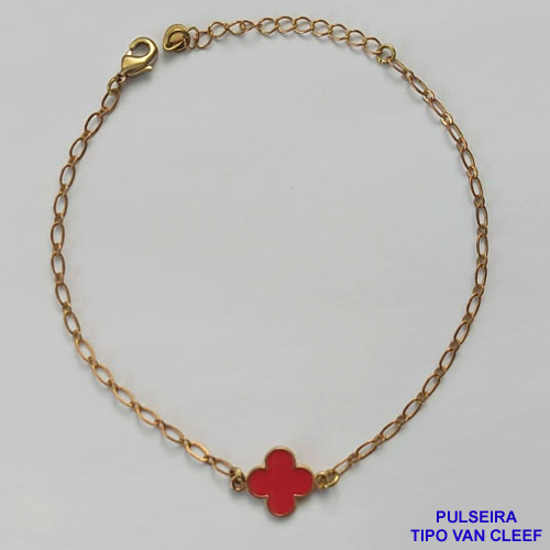 PULSEIRA NO BRUTO PRONTO PARA O BANHO - PULSEIRA TIPO VAN CLEEF COM PINGENTE 11MM VERMELHA (ESMALTADO) TAMANHO: 18CM COM FECHO LAGOSTA - PESO 1,9GR - BRU9391