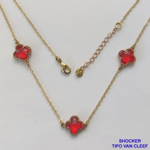 SHOCKER NO BRUTO PRONTO PARA O BANHO TIPO VAN CLEEF EM VIDRO VERMELHA 12MM - SHOCKER  COM CORRENTE LONGA DE 40CM + EXTENSOR - PESO TOTAL: 2,9GR - COMPOSIÇÃO: LATÃO / VIDRO BRU9397