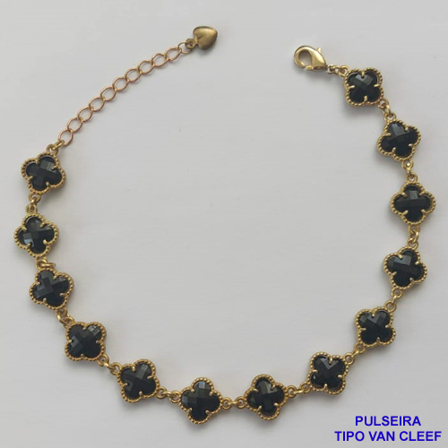 PULSEIRA NO BRUTO PRONTO PARA O BANHO - PULSEIRA TIPO VAN CLEEF EM VIDRO PRETO COM 13 PINGENTES 9MM  - PULSEIRA COM 18CM + EXTENSOR - PESO TOTAL: 8GR - COMPOSIÇÃO: LATÃO / VIDRO BRU9398