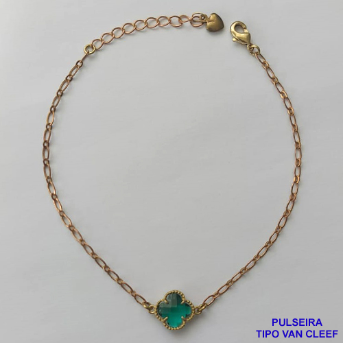 PULSEIRA NO BRUTO PRONTO PARA O BANHO - PULSEIRA TIPO VAN CLEEF EM VIDRO VERDE COM 1 PINGENTE 11MM  - PULSEIRA COM 18CM + EXTENSOR - PESO TOTAL: 2,3GR - COMPOSIÇÃO: LATÃO / VIDRO BRU9399