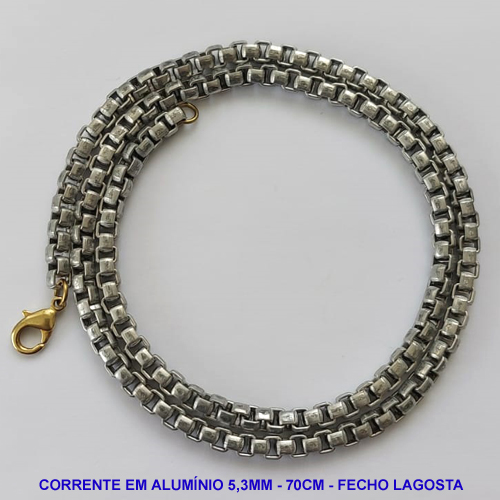 CORRENTE MASCULINA EM ALUMÍNIO NO BRUTO PRONTO PARA O BANHO (A27) - CORRENTE 5,3MM - COMPRIMENTO: 70CM - FECHO LAGOSTA - PESO 22,4GR - COMPOSIÇÃO: 100% LATÃO - BRU9404