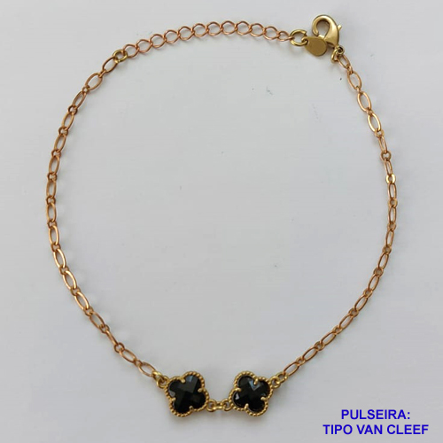 PULSEIRA NO BRUTO PRONTO PARA O BANHO - PULSEIRA TIPO VAN CLEEF COM 2 PINGENTES EM VIDRO DE 9MM - PULSEIRA COM 18CM + EXTENSOR - PESO TOTAL: 2,4GR - COMPOSIÇÃO: LATÃO / VIDRO - BRU9408