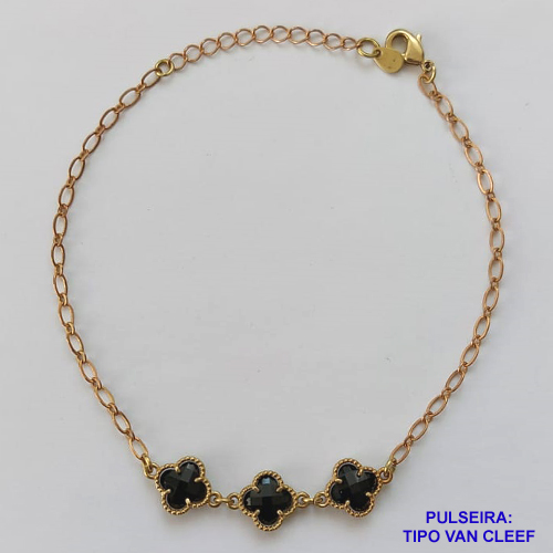 PULSEIRA NO BRUTO PRONTO PARA O BANHO - PULSEIRA TIPO VAN CLEEF COM 3 PINGENTES EM VIDRO DE 9MM - PULSEIRA COM 18CM + EXTENSOR - PESO TOTAL: 2,9GR - COMPOSIÇÃO: LATÃO / VIDRO - BRU9409