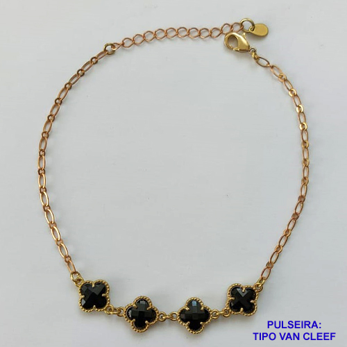 PULSEIRA NO BRUTO PRONTO PARA O BANHO - PULSEIRA TIPO VAN CLEEF COM 4 PINGENTES EM VIDRO DE 9MM - PULSEIRA COM 18CM + EXTENSOR - PESO TOTAL: 3,4GR - COMPOSIÇÃO: LATÃO / VIDRO - BRU9410