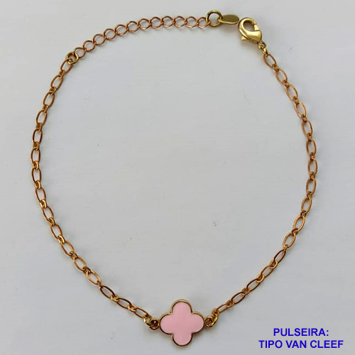 PULSEIRA NO BRUTO PRONTO PARA O BANHO - PULSEIRA TIPO VAN CLEEF COM PINGENTE 11MM ROSA (ESMALTADO) TAMANHO: 18CM COM FECHO LAGOSTA - PESO 1,9GR -  BRU9412