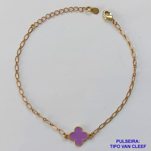 PULSEIRA NO BRUTO PRONTO PARA O BANHO - PULSEIRA TIPO VAN CLEEF COM PINGENTE 11MM LILÁS (ESMALTADO) TAMANHO: 18CM COM FECHO LAGOSTA - PESO 1,9GR -  BRU9414