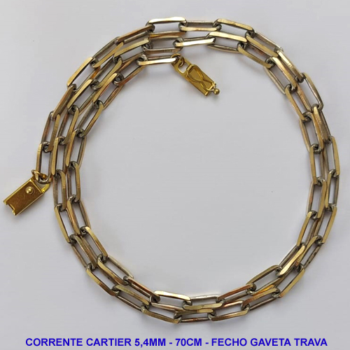 CORRENTE MASCULINA NO BRUTO PRONTO PARA O BANHO - CORRENTE CARTIER (KDL1.50) - COMPRIMENTO: 70CM - LARGURA 5,4MM - FECHO GAVETA COM TRAVA - PESO 24,8GR - COMPOSIÇÃO: 100% LATÃO - BRU9433