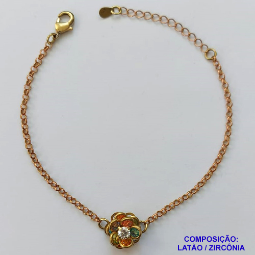 PULSEIRA NO BRUTO PRONTO PARA O BANHO - PULSEIRA COM PINGENTE FLOR CRAVEJADA COM ZIRCÔNIAS COLORIDAS 12MM - PULSEIRA COM 18CM + EXTENSOR - PESO TOTAL: 3,5GR - COMPOSIÇÃO: LATÃO / ZIRCÔNIA - BRU9447
