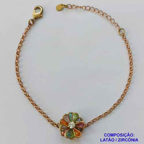 PULSEIRA NO BRUTO PRONTO PARA O BANHO - PULSEIRA COM PINGENTE FLOR CRAVEJADA COM ZIRCÔNIAS COLORIDAS 16MM - PULSEIRA COM 18CM + EXTENSOR - PESO TOTAL: 3,8GR - COMPOSIÇÃO: LATÃO / ZIRCÔNIA - BRU9449