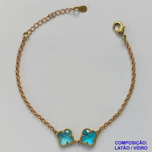 PULSEIRA NO BRUTO PRONTO PARA O BANHO - PULSEIRA TIPO VAN CLEEF COM 2 PINGENTES 11MM EM VIDRO AZUL - PULSEIRA COM 18CM + EXTENSOR - PESO TOTAL: 3,4GR - COMPOSIÇÃO: LATÃO / VIDRO BRU9453