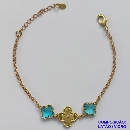 PULSEIRA NO BRUTO PRONTO PARA O BANHO - PULSEIRA TIPO VAN CLEEF COM 2 PINGENTES 11MM EM VIDRO AZUL E 1 PINGENTE 15MM EM LATÃO - PULSEIRA COM 18CM + EXTENSOR - PESO TOTAL: 3,7GR - COMPOSIÇÃO: LATÃO / VIDRO BRU9454