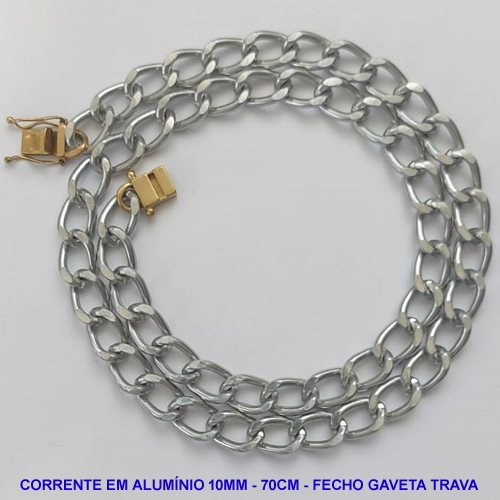 CORRENTE MASCULINA NO BRUTO PRONTO PARA O BANHO - CORRENTE EM ALUMÍNIO (A06) - COMPRIMENTO: 70CM - LARGURA 10MM - ESPESSURA: 3,2MM - FECHO GAVETA COM TRAVA DUPLA - PESO 32,2GR - COMPOSIÇÃO: ALUMÍNIO - BRU9463
