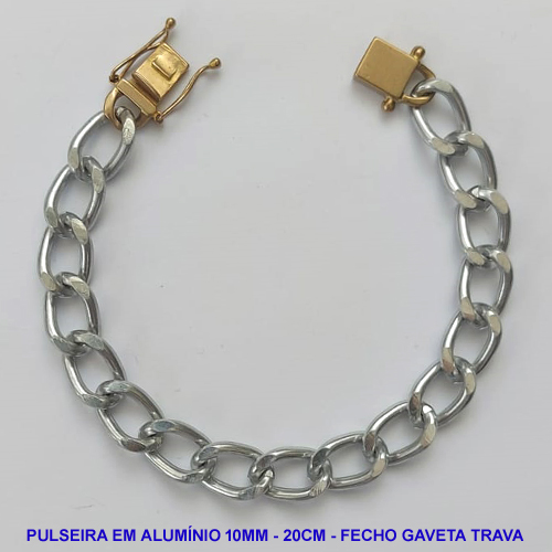 PULSEIRA MASCULINA NO BRUTO PRONTO PARA O BANHO - PULSEIRA EM ALUMÍNIO (A06) - COMPRIMENTO: 20CM - LARGURA 10MM - ESPESSURA: 3,2MM - FECHO GAVETA COM TRAVA DUPLA - PESO 10,6GR - COMPOSIÇÃO: ALUMÍNIO - BRU9464