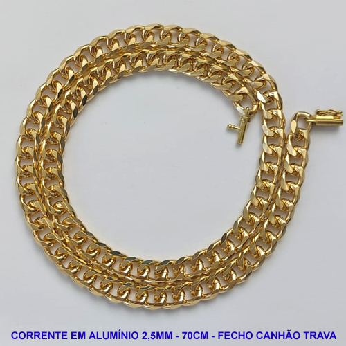 CORRENTE MASCULINA EM ALUMÍNIO ANODIZADO - COMPRIMENTO: 70CM - LARGURA 8,5MM - ESPESSURA: 2,5MM - FECHO CANHÃO COM TRAVA - PESO 32GR - COMPOSIÇÃO: ALUMÍNIO - BRU9471