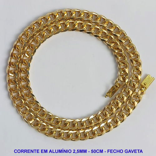 CORRENTE MASCULINA EM ALUMÍNIO ANODIZADO - COMPRIMENTO: 50CM - LARGURA 8,5MM - ESPESSURA: 2,5MM - FECHO GAVETA COM TRAVA - PESO 23,6GR - COMPOSIÇÃO: ALUMÍNIO - BRU9480