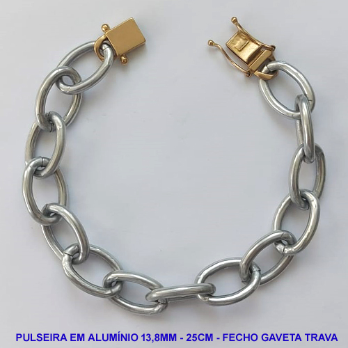 PULSEIRA MASCULINA NO BRUTO PRONTA PARA O BANHO - PULSEIRA EM ALUMÍNIO (A03) - COMPRIMENTO: 25CM - LARGURA 13,8MM - FECHO BÓIA - PESO 14GR - COMPOSIÇÃO: ALUMÍNIO - BRU9506