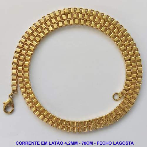 CORRENTE MASCULINA NO BRUTO PRONTA PARA O BANHO - CORRENTE EM LATÃO (C4.2) - COMPRIMENTO: 70CM - LARGURA 4,2MM - FECHO LAGOSTA - PESO 32,9GR - COMPOSIÇÃO: 100% LATÃO - BRU9508