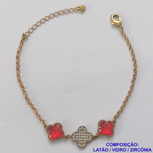 PULSEIRA NO BRUTO PRONTO PARA O BANHO(CX87)- PULSEIRA VAN CLEEF  2 PINGENTES 11MM EM VIDRO VERMELHO E 1 PINGENTE 13MM CRAVEJADO COM MICRO ZIRCÔNIAS - TAMANHO 18CM COM FECHO LAGOSTA + EXTENSOR - PESO 4,4GR - COMPOSIÇÃO: LATÃO / VIDRO / ZIRCÔNIA- BRU9512