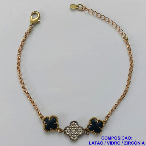 PULSEIRA NO BRUTO PRONTO PARA O BANHO - PULSEIRA TIPO VAN CLEEF COM 2 PINGENTES 11MM EM VIDRO PRETO E 1 PINGENTE 13MM CRAVEJADO COM MICRO ZIRCÔNIAS - TAMANHO 18CM COM FECHO LAGOSTA + EXTENSOR - PESO 4,4GR - COMPOSIÇÃO: LATÃO / VIDRO / ZIRCÔNIA- BRU9514