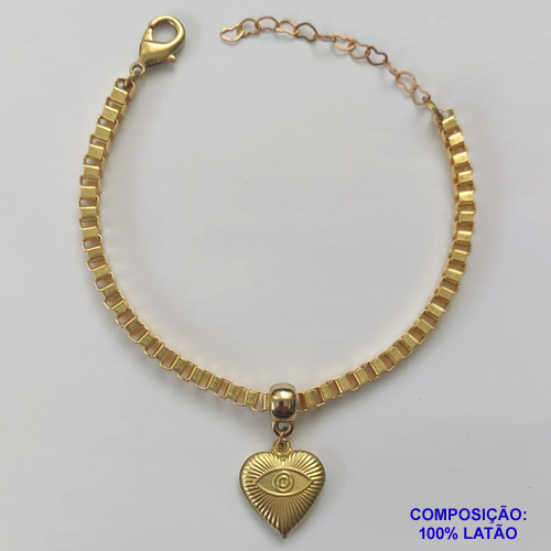 PULSEIRA NO BRUTO PRONTA PARA O BANHO - PULSEIRA EM LATÃO 4,2MM (C4.2) COM PINGENTE CORAÇÃO DUPLO COM OLHO GREGO 17MM - COMPRIMENTO: 18CM + EXTENSOR - FECHO LAGOSTA - PESO 10,9GR - COMPOSIÇÃO: 100% LATÃO - BRU9515