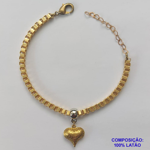 PULSEIRA NO BRUTO PRONTA PARA O BANHO - PULSEIRA EM LATÃO 4,2MM (C4.2) COM PINGENTE CORAÇÃO DUPLO BRILHOS 15MM - COMPRIMENTO: 18CM + EXTENSOR - FECHO LAGOSTA - PESO 10,1GR - COMPOSIÇÃO: 100% LATÃO - BRU9516