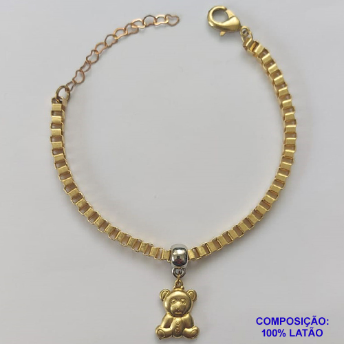PULSEIRA NO BRUTO PRONTA PARA O BANHO - PULSEIRA EM LATÃO 4,2MM (C4.2) COM PINGENTE URSINHO DUPLO 16MM - COMPRIMENTO: 18CM + EXTENSOR - FECHO LAGOSTA - PESO 9,9GR - COMPOSIÇÃO: 100% LATÃO - BRU9517