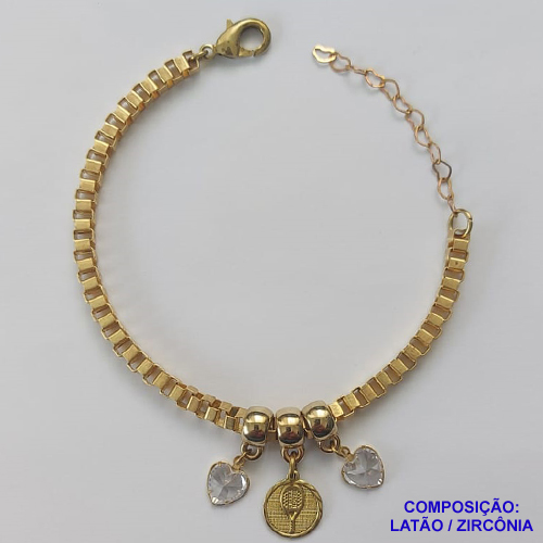 PULSEIRA NO BRUTO PRONTA PARA O BANHO - PULSEIRA EM LATÃO 4,2MM (C4.2) COM PINGENTE MEDALHA BEACH TENNIS 12MM E 2 PINGENTES CORAÇÕES EM ZIRCÔNIAS 8MM - COMPRIMENTO: 18CM + EXTENSOR - FECHO LAGOSTA - PESO 10,8GR - COMPOSIÇÃO: 100% LATÃO - BRU9518