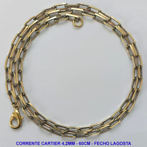 CORRENTE NO BRUTO PRONTA PARA O BANHO - CORRENTE CARTIER EM LATÃO (KDL 1.20) - COMPRIMENTO: 60CM - LARGURA 4,2MM - FECHO LAGOSTA - PESO 14.7GR - COMPOSIÇÃO: 100% LATÃO - BRU9527
