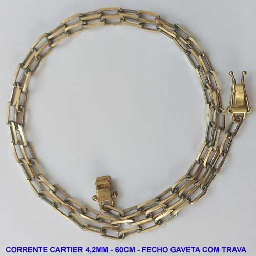 CORRENTE NO BRUTO PRONTA PARA O BANHO - CORRENTE CARTIER EM LATÃO (KDL 1.20) - COMPRIMENTO: 60CM - LARGURA 4,2MM - FECHO GAVETA COM TRAVA DUPLA - PESO 16.1GR - COMPOSIÇÃO: 100% LATÃO - BRU9529